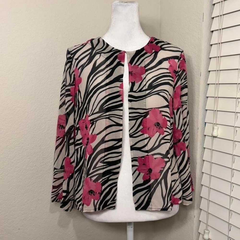 100% silk lightweight pink floral zebra stripe artsy beaded blouse